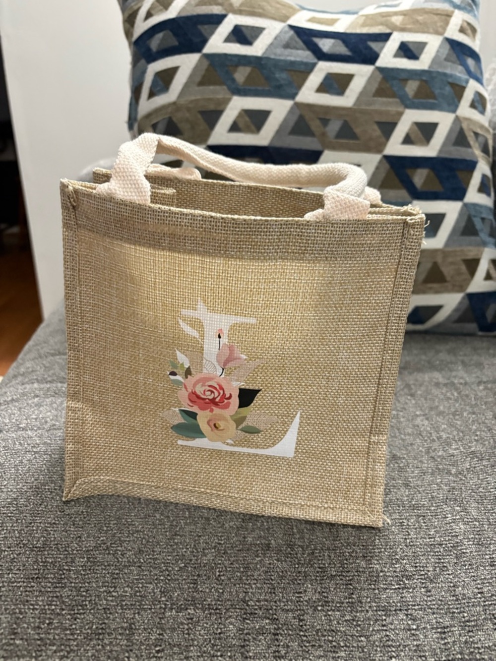 Monogram L Floral Jute Tote Bag - Natural